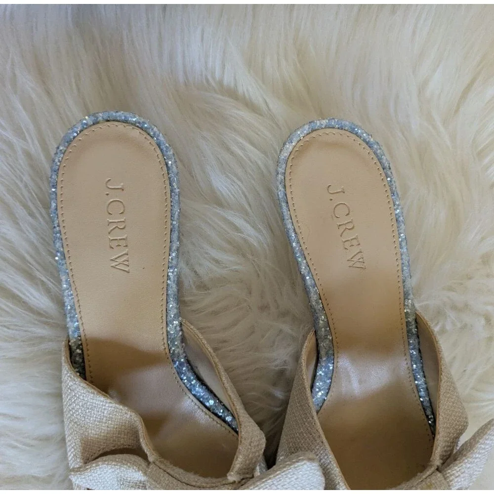 J.Crew Sophia Linen Glitter Pointed Kitten Heel Mules Off White Beige Silver 7.5